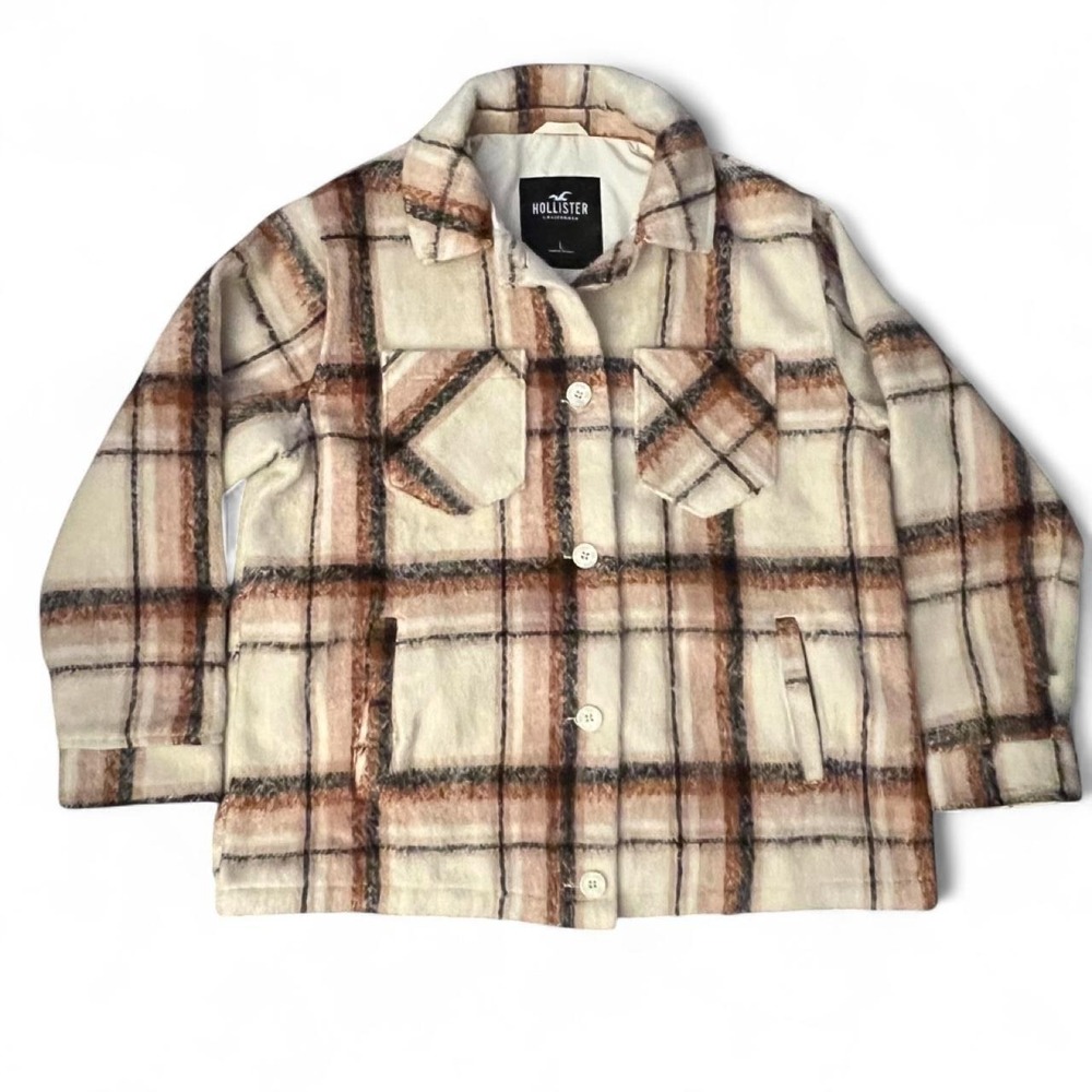 Hollister Co. cream and brown plaid flannel Jacket  in a L